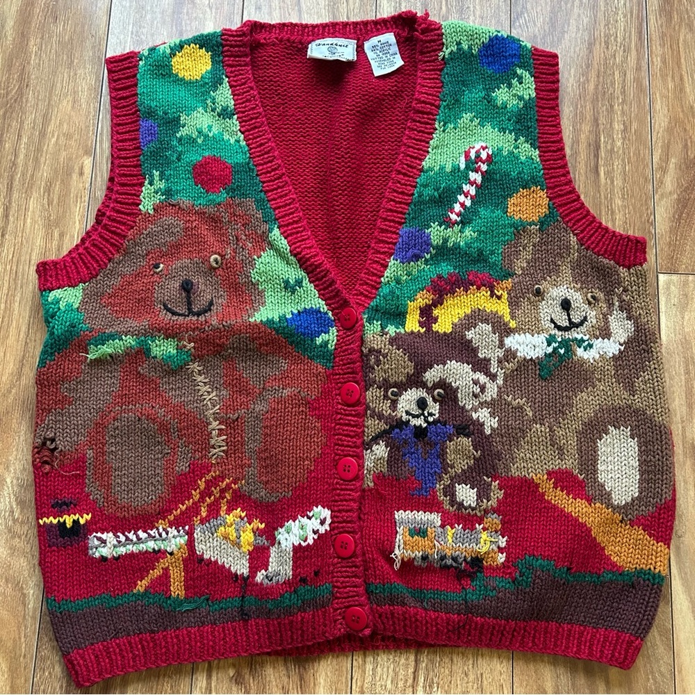 Vintage Handknit Lecomte Red Christmas Sweater Vest Women Size M Holiday